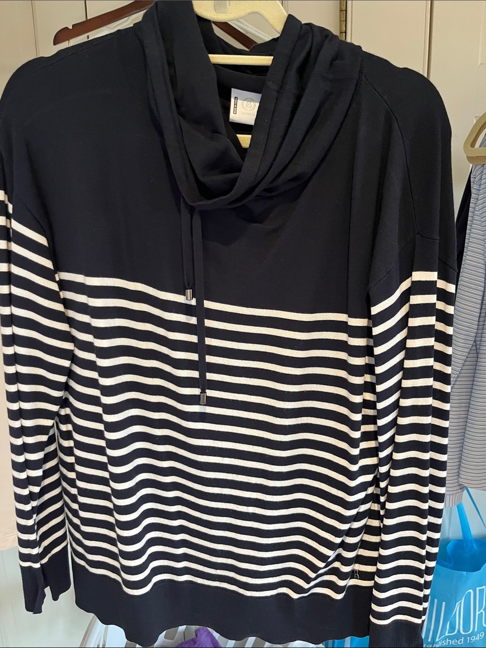 Bogner Navy and White Striped Cowl-Neck Jersey Top